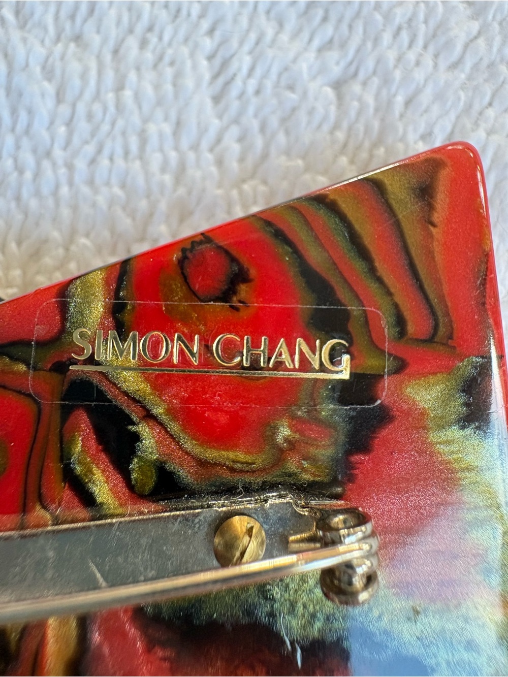 Art Deco MCM Simon Chang Geometric Abstract Acrylic Brooch Red Marble Gold - Picture 4 of 8